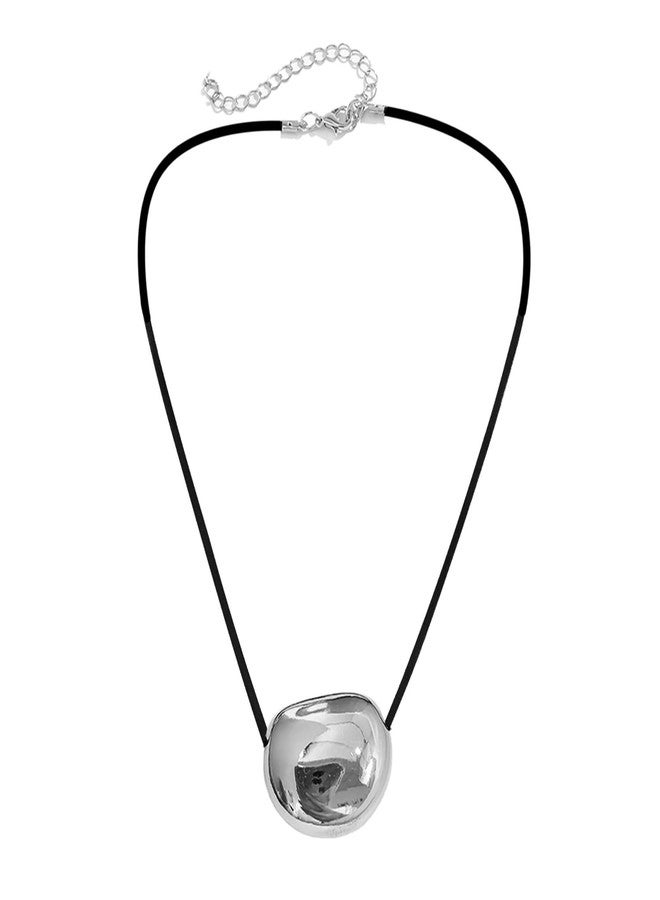 KANGQL Stylish Metal Oval Shaped Neckchain Geometric Pendant Necklace Adjustable PU Leather Cord Clavicle Chain Elegant Jewelry, horizontal 1, Silver - Image 1